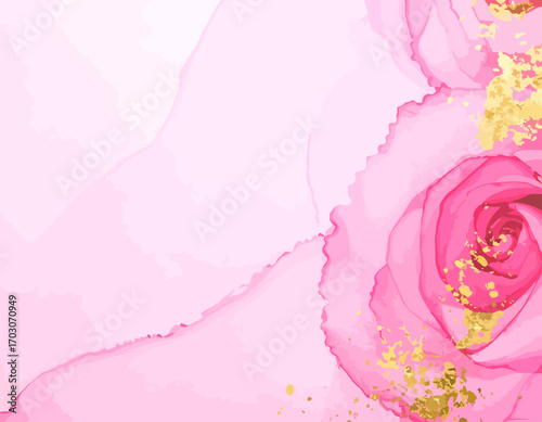 Abstract pink rose flower created with alcohol ink and gold glitter.