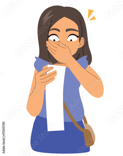 Cartoon illustration of a beautiful Latina woman holding a shopping ticket, surprised and shocked about how much she spent