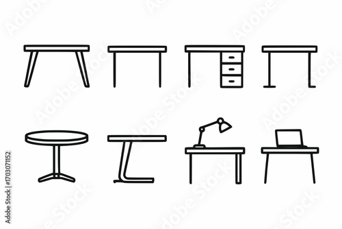 Minimalist line icons of office desks and tables