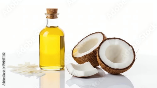 Coconut oil in a bottle with coconut halves and shavings on a white background.
