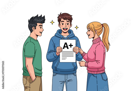 Student elated as classmates hand over graded paper. Suitable for education blogs, presentations, websites, and schoolrelated designs.