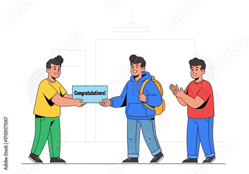 Three cartoon characters rejoice indoors holding a congratulations sign ideal for celebratory digital designs, greeting cards, and social media posts.