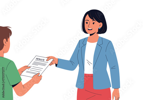 Woman handing over test results to person in green. Suitable for education, medical, work, communication concepts in design projects.