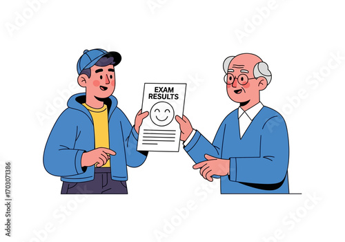 Student happily displays exam results with a smiley face to teacher. Suitable for educational, success, achievement concepts.