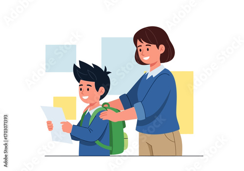 Smiling woman places hands on boy with backpack and papers. Suitable for educational, family or schoolrelated themes in marketing campaigns.