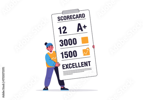 Person confidently holding scorecard displaying positive numbers  grades at a school or event. Suitable for educational or motivational concepts.