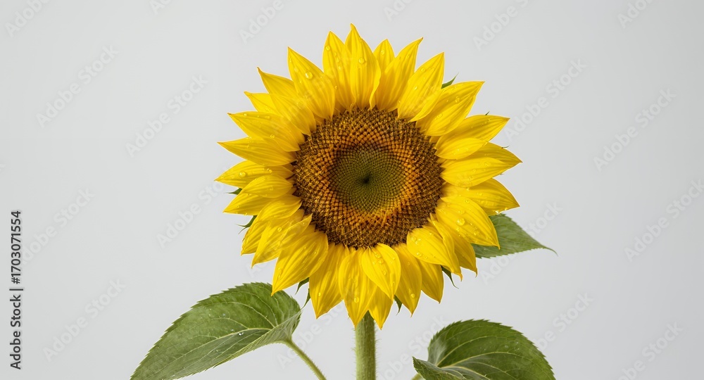 Obraz premium Single Sunflower with Dew Drops, Bright Yellow Petals, Isolated on White Background