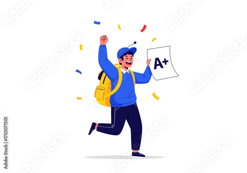 Happy student celebrates his great grade with a backpack. Suitable for educational concepts, achievement celebrations, success in academics and motivation.