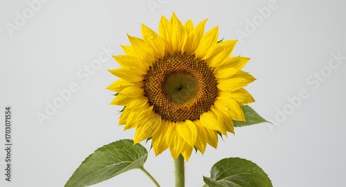 Single Sunflower with Dew Drops, Bright Yellow Petals, Isolated on White Background