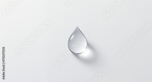 Single transparent water drop on white background, pure, clean, fresh, liquid, droplet, dew, moisture, freshness, hydration, purity, crystal clear, simple, minimal, elegant, beauty, cosmetics, pr