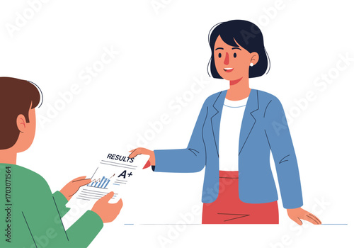 Positive moment captured as a teacher passes high scores to a student, great for educational promotions, success concept visuals.