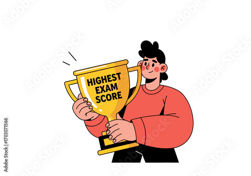 Character proudly holds a gold trophy with highest exam score label. Ideal for celebrating academic achievements in educational materials or presentations.