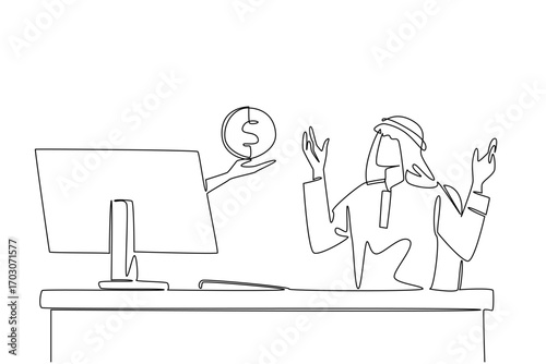 Single one line drawing hands out of monitor screen holding a penny. The offer releases the plummeting stock price. Will be bought up. Things from Screen. Continuous line design graphic illustration
