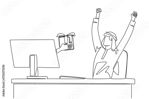 Single continuous line drawing hands out of the monitor screen while holding a gift box. Surprise from fellow reliable business people. Happy. Things from Screen. One line design vector illustration