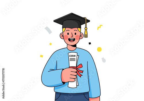 Graduating student with diploma and mortarboard, suitable for graduationrelated designs, educational promotions, and celebratory announcements. Celebrate success and achievement.