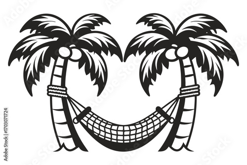 Hammock Hung Between Palm Trees Silhouette on White Background Design