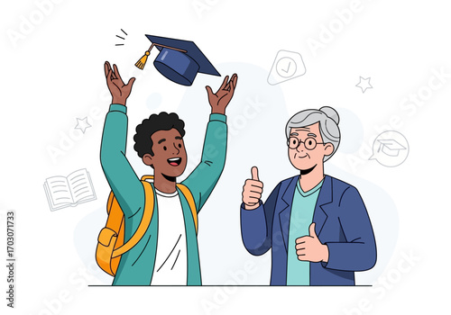 Graduate celebrating joyfully with his teacher after graduation, suitable for educational promotions, graduationthemed campaigns, or schoolrelated content.