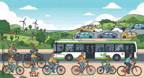 Poster-style flat vector of children and adults choosing bikes and buses instead of cars, with clean air and greenery in the background