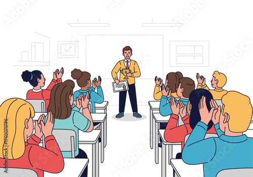 Ideal for educational concepts such as success, appreciation, applause, recognition, teaching environment, classroom atmosphere, and teacherstudent interaction.