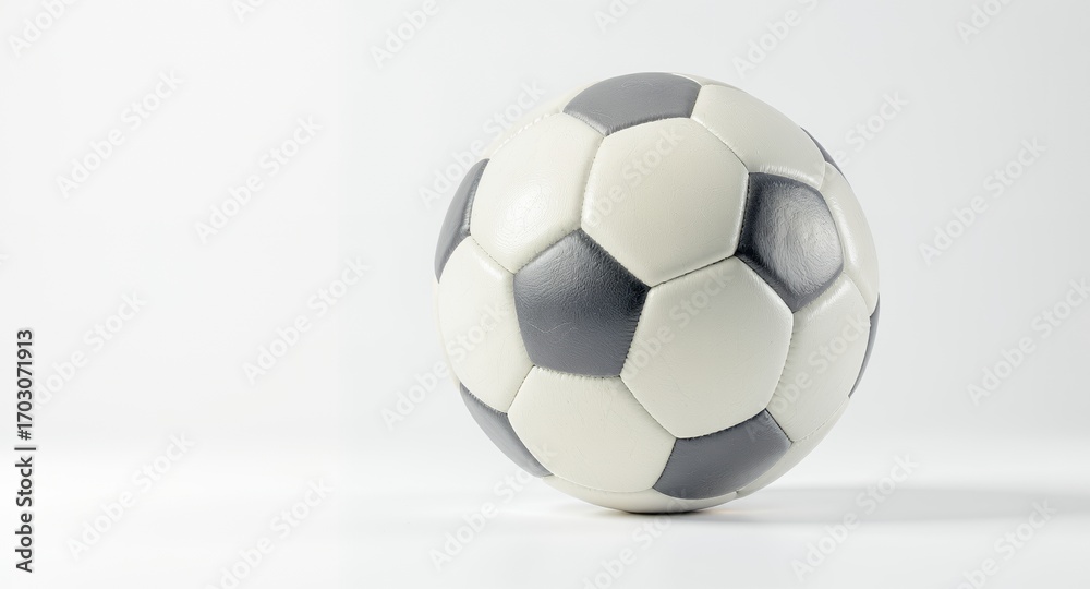 Naklejka premium Soccer Ball, Classic Design, White and Gray, Sports Equipment, Studio Shot, Close-up, Game, Competition, Team Sport, Football, Sphere, Leather Texture, Round Shape, Isolated Background, Clean Bac