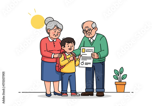Happy boy proudly displays good grades to grandparents outside. Suitable for family education, achievement, grade success, happy grandparents stock photos.