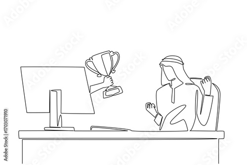 Single continuous line drawing hands out of the monitor screen while holding trophy. Inauguration as the most successful businessman in Arabia. Things from Screen. One line design vector illustration