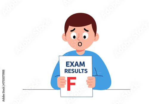 Shocked student with failing exam results. Suitable for educational concepts, stress, disappointment visuals in presentations, articles, and design projects.