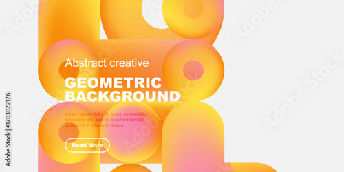 Abstract geometric shapes overlap, creating vibrant gradients. Text promotes content with read more button. Modern design, colorful backdrop.