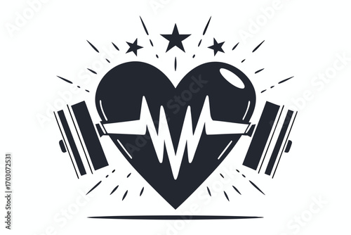 Heart ECG Pulse with Barbell Weights and Stars on a White Background