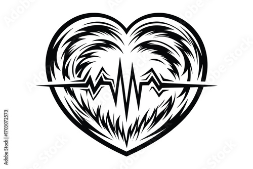 Heartbeat Design, Black and White ECG Wave on White Background