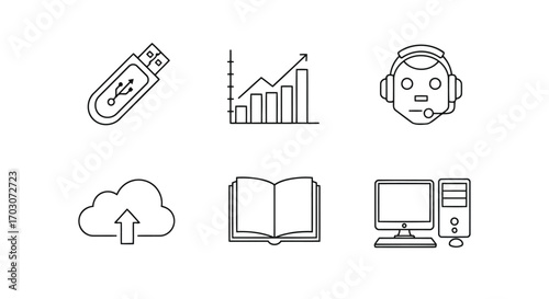 Vector illustration of collection of six line art icons including a usb drive, bar graph, customer service icon, cloud upload, open book, and computer