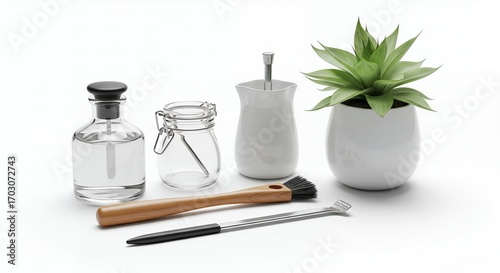 Still life photography of home decor items, including glass bottles, ceramic containers, wooden brush, succulent plant in a pot, and small tools.