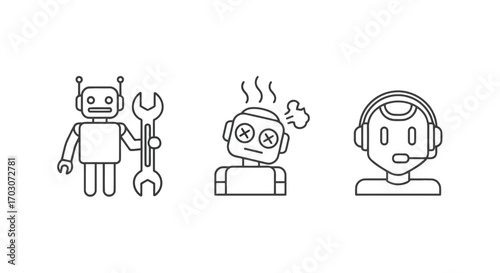 Vector illustration of set of three line art icons depicting a robot with a wrench, a broken robot, and a customer service robot