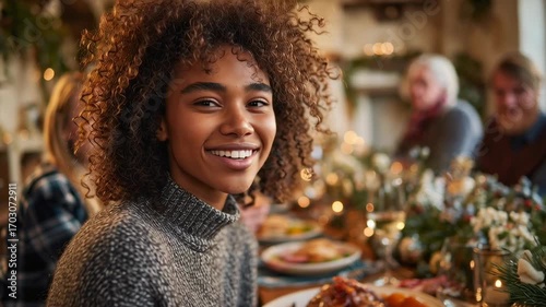 Young black woman smiling while enjoying dinner with family and friends at the Christmas table  