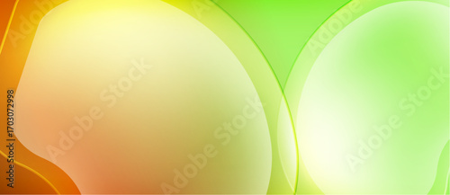 Abstract background features smooth color gradients. Orange blends into yellow, then transitions to vibrant green hues. Shapes overlap creating soft visual flow.