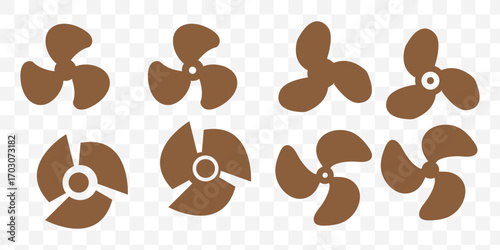 Fan propeller icon, vector set. Silhouette of Computer cooling device. Electrical temperature equipment. Cooling fan elements. Vector illustration.