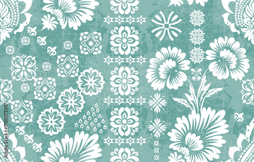floral pattern vintage ethnic modern embroidery texture boho design vector illustration hand drawn pink flower motif branches leaves wallpaper seamless background border.