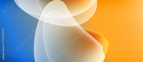 Abstract shapes blend, creating soft gradients. Blue transitions to orange via white curves. Minimalist design evokes fluidity, warmth.