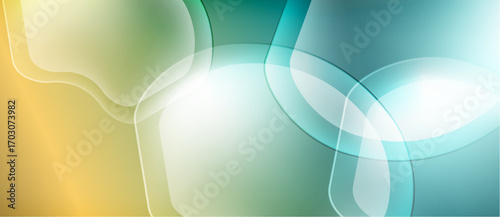 Abstract background features flowing shapes, gradients. Colors blend from gold to teal, creating soft visual effect. Smooth transitions dominate composition.