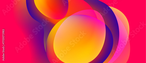 Abstract vibrant circles overlap, creating colorful gradients. Pink, purple, orange hues dominate composition. Smooth transitions define shapes.