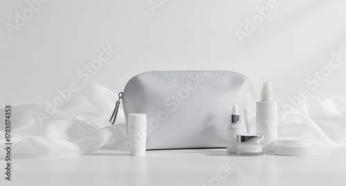 White cosmetic products and travel bag on white silk fabric background
