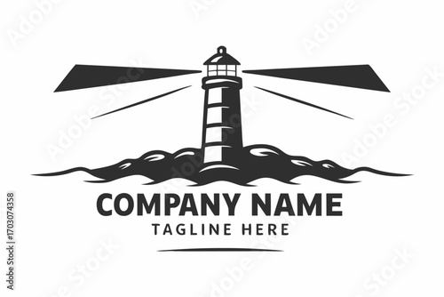 Lighthouse Logo Isolated on White Background with Shining Light Beams