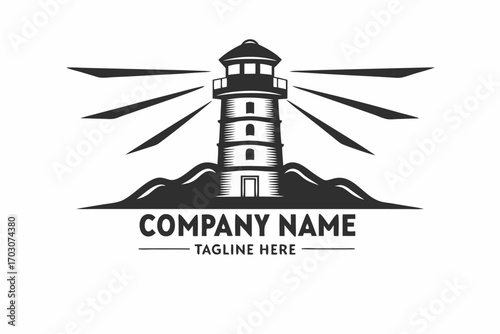 Lighthouse Silhouette, Nautical Beacon on Coastline with Light Beams