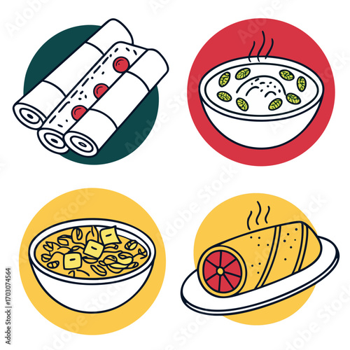 Delicious and colorful assortment of indian street food icons