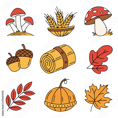 Autumn elements with mushroom and acorn
