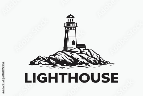 Minimalist Lighthouse on Rocky Coast Illustration, Black and White on White Background