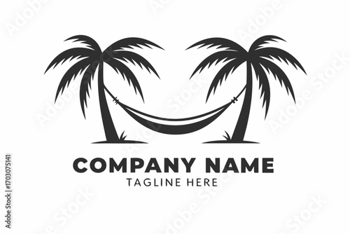 Monochromatic featuring palm trees and a hammock on white backdrop