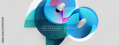Abstract shapes overlap, creating dynamic composition. Blue, pink, teal hues dominate design. Minimalist style, modern aesthetic.