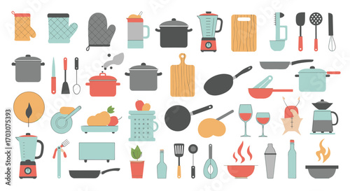 A collection of kitchen utensils and cookware illustrated in a pixelated style for culinary enthusiasts and chefs