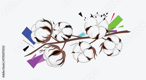 Abstract colorful geometric shapes interacting with cotton plant branches